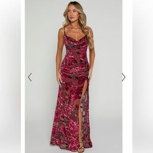 Showpo Aletta Red Wine Floral Cowl Neck Cross Back Maxi Dress NWT